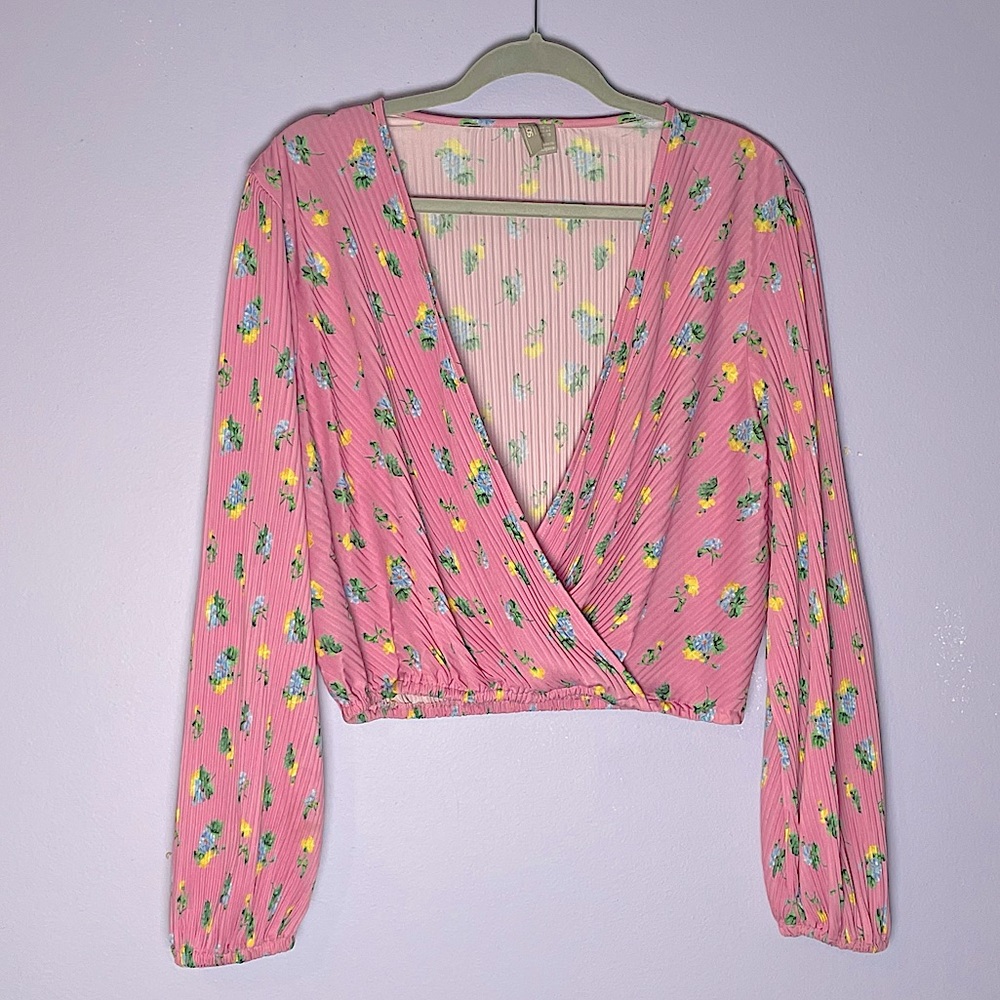 Pink floral balloon sleeve low cut v neck blouse